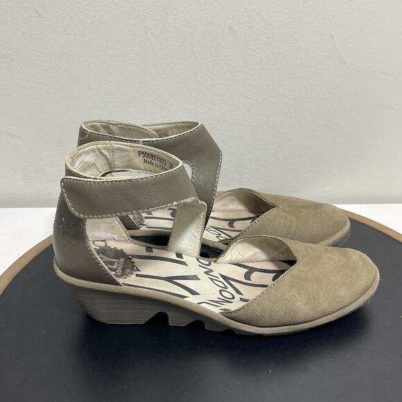 Fly London Shoes Women‎ 5.5 / 36 Taupe Leather Ankle Strap Wedge Comfort Sandals - Picture 1 of 10